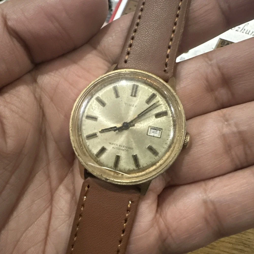 Works Vintage Timex Viscount Automatic Mens Watch Gold Tone 35mm New Strap 7.5in